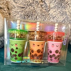 Claire's Bubble Tea Lip Balm Trio - Green, Orange, Pink